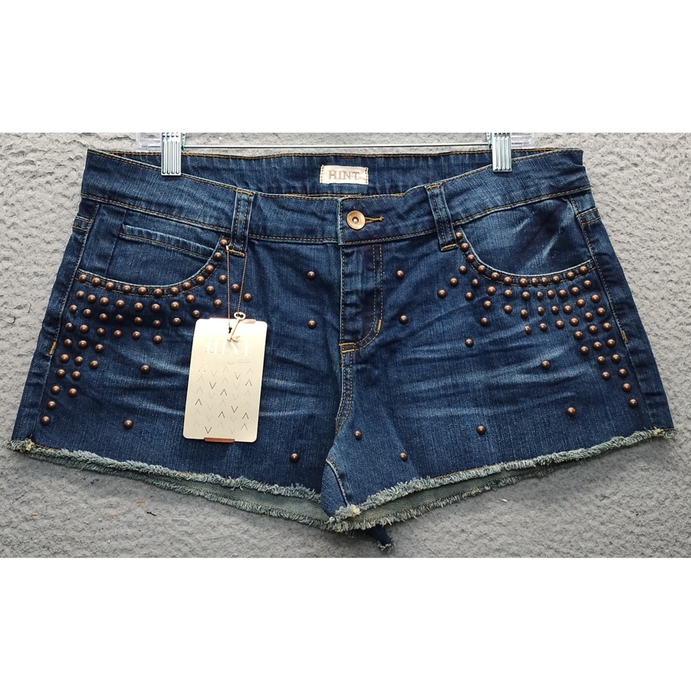 Hint Cut Off‎ Shorts Womens 30 Navy Denim Stretch Studded Whiskered 5-Pockets